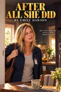 In a sunlit kitchen doorway, a blonde woman in a navy work jacket with an ID badge and a leather bag on her shoulder stops short, troubled, beside a table set with a mug and an appointment card in After All She Did.