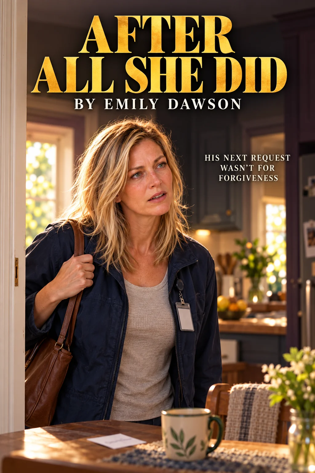 In a sunlit kitchen doorway, a blonde woman in a navy work jacket with an ID badge and a leather bag on her shoulder stops short, troubled, beside a table set with a mug and an appointment card in After All She Did.