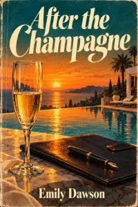 A glass of bubbly, a leather folder and a pen sit by a pool at sunset on the retro paperback cover of After the Champagne.
