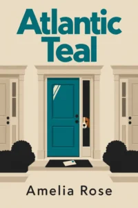 Atlantic Teal paints a single front door in bold teal between two white ones, a beagle peeking out and an envelope waiting on the doormat.