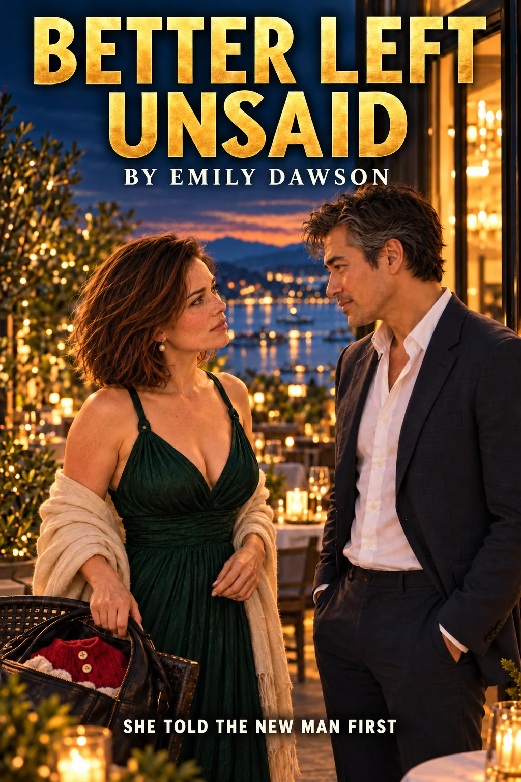 Candlelit tables and harbor lights glow behind a woman in a green dress, a red baby cardigan peeking from her bag, as she faces him in Better Left Unsaid.