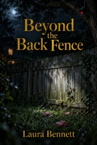 Moonlight barely reaches the weathered fence and overgrown grass of a night garden in Beyond the Back Fence, as one red light glows from the trees.