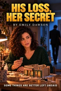 At a lamplit worktable, a curly-haired woman holds a tiny brick wall above her cardboard bakery as a man walks out behind her in His Loss, Her Secret.