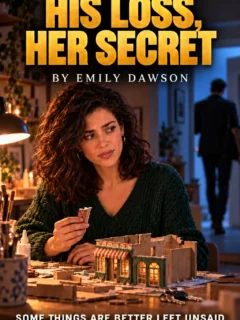 At a lamplit worktable, a curly-haired woman holds a tiny brick wall above her cardboard bakery as a man walks out behind her in His Loss, Her Secret.