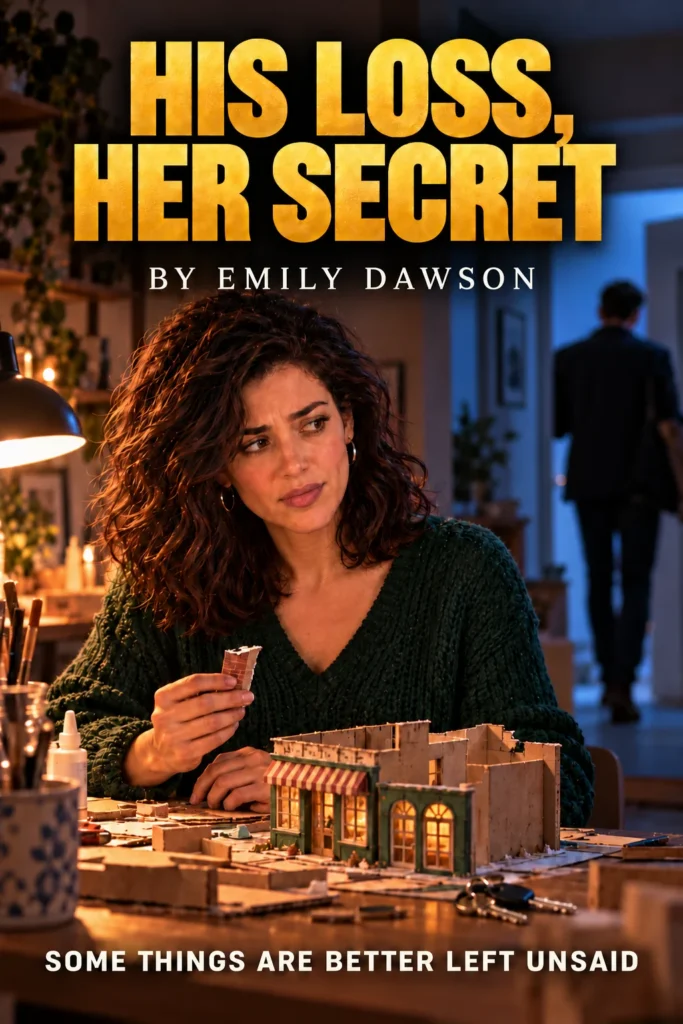 At a lamplit worktable, a curly-haired woman holds a tiny brick wall above her cardboard bakery as a man walks out behind her in His Loss, Her Secret.