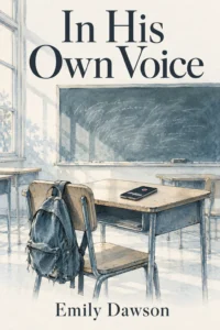 An empty school desk holds a phone beside a slumped gray backpack, the chalkboard washed in soft blue light, on the cover of In His Own Voice.