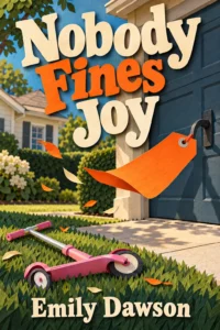 An orange violation tag flutters over a pink scooter on a trim lawn by a navy garage door in Nobody Fines Joy.