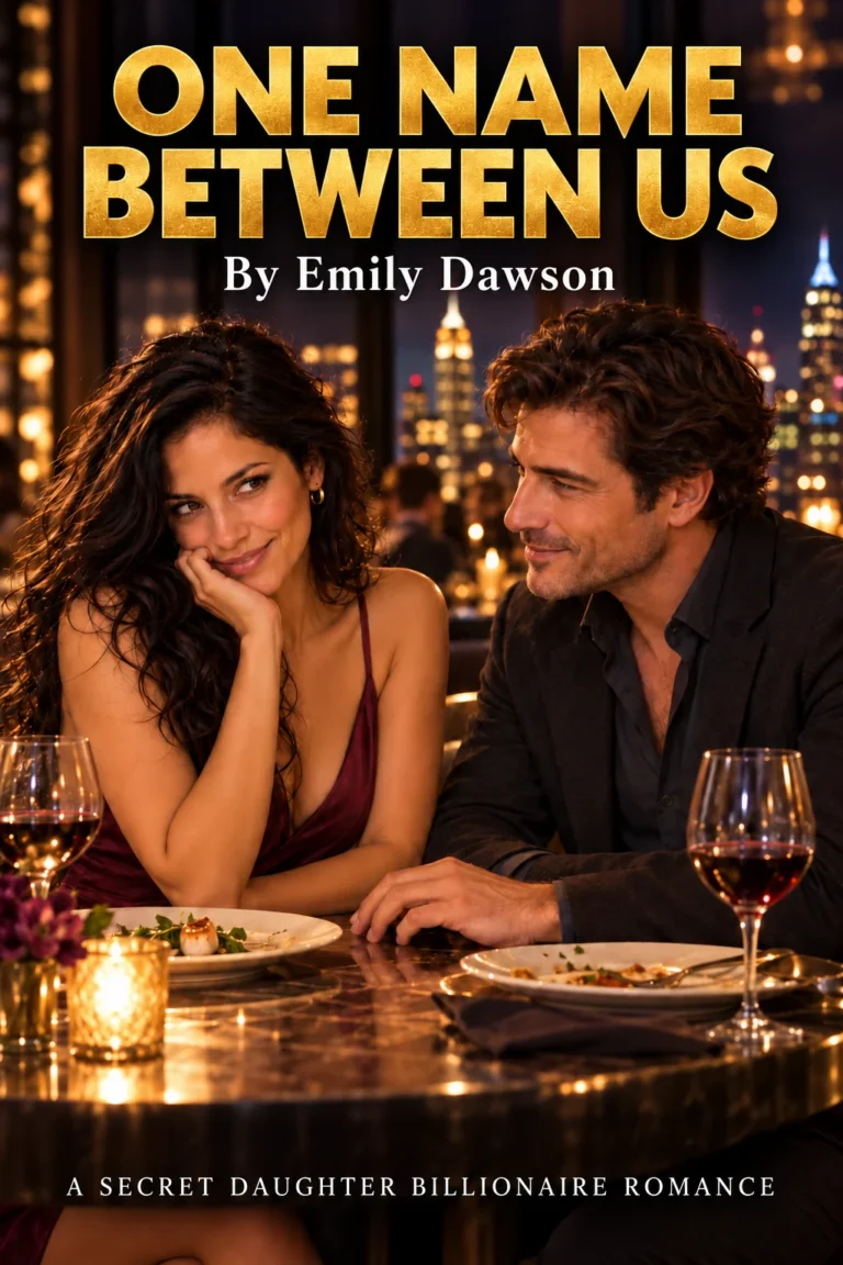 Wine glasses and gold candlelight catch a smiling woman in burgundy, chin on her hand, as a stubbled man leans close above the city in One Name Between Us.