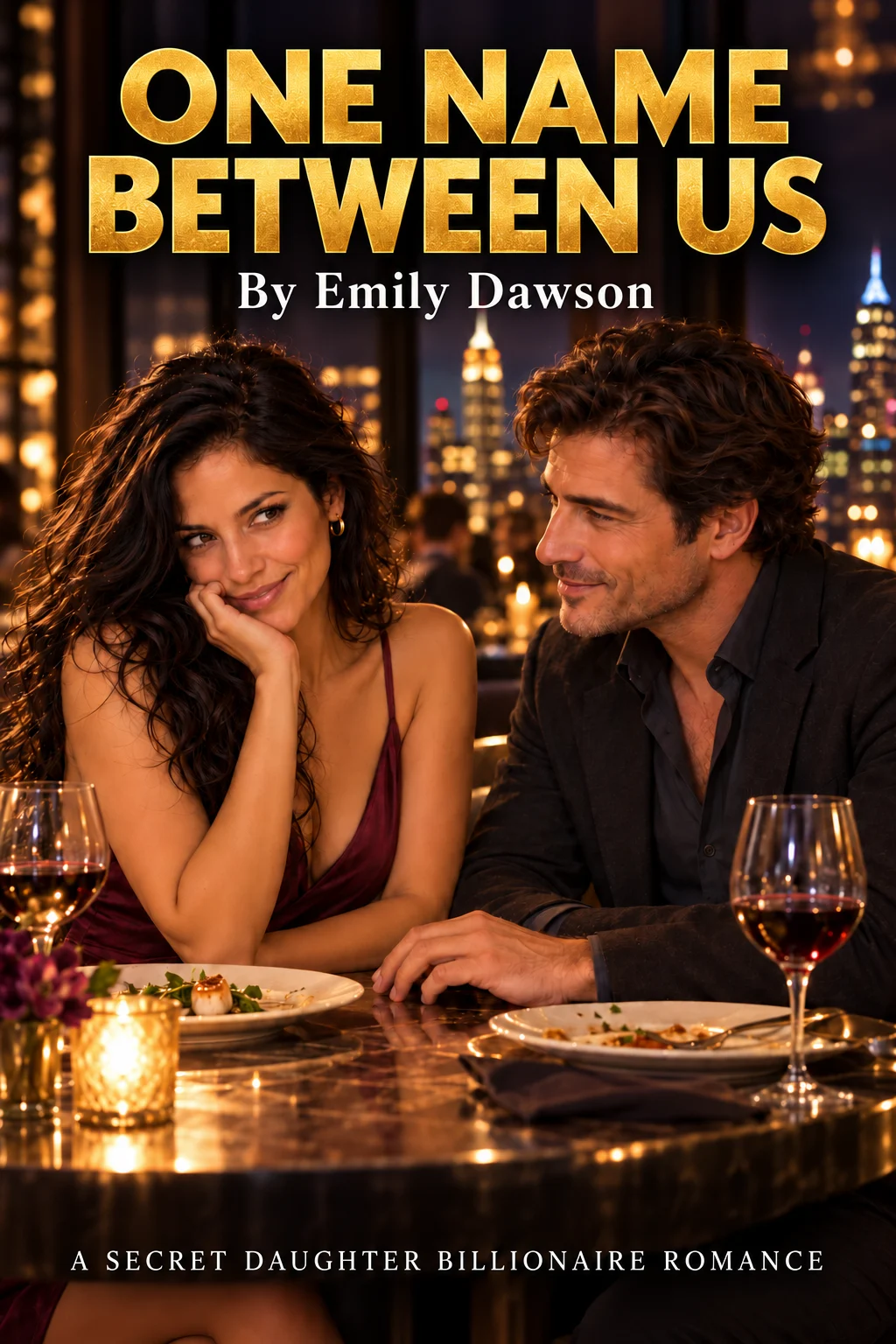 Wine glasses and gold candlelight catch a smiling woman in burgundy, chin on her hand, as a stubbled man leans close above the city in One Name Between Us.