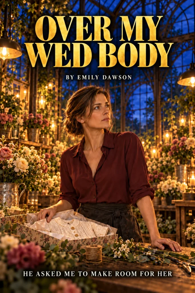 In a lantern-lit glass conservatory full of roses, a dark-haired florist in a wine-red shirt rests her hand on a box holding a cream baby cardigan in Over My Wed Body.
