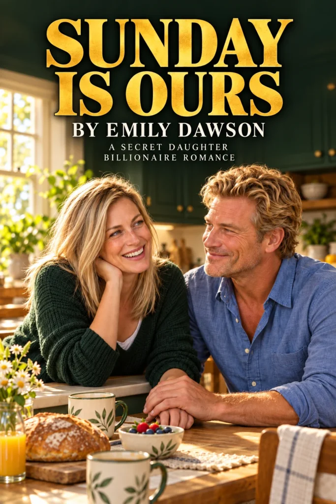 Morning sun spills over fresh bread, berries and leaf-painted mugs as a laughing blonde woman leans toward a man in blue linen in Sunday Is Ours.