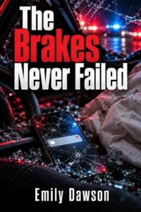 Red and blue lights blur beyond a shattered windshield, a cracked phone glowing in the wreck: The Brakes Never Failed.
