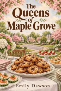 Blossoms, cookies and dainty party plates crowd a garden table above a pastel cul-de-sac in The Queens of Maple Grove.