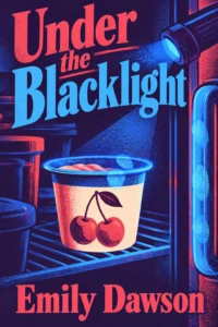 A cherry yogurt cup glows under ultraviolet light inside an office fridge on the electric blue and red cover of Under the Blacklight.