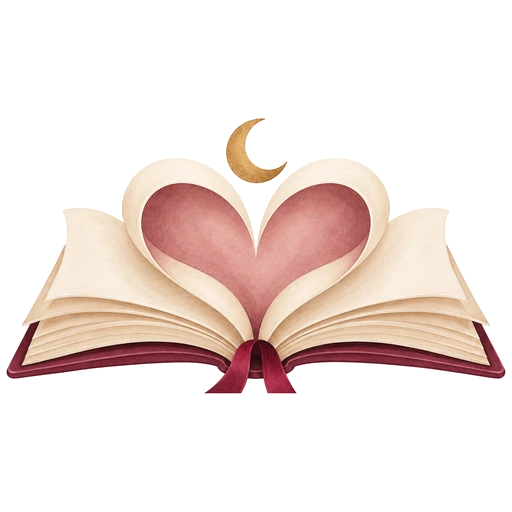 Chapter Break logo: an open book with its pages folded into a heart, under a gold crescent moon