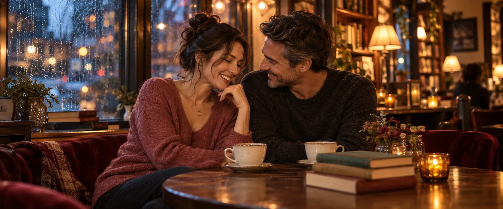 A smiling woman in a rose sweater and a man in a dark sweater share a quiet laugh over teacups and a stack of books in a lamplit bookshop cafe on a rainy evening.